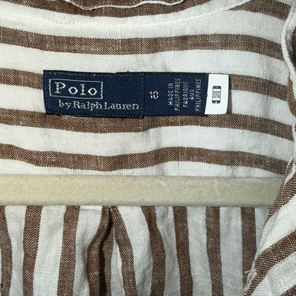 Polo Ralph Lauren Linen Tie Front Striped Blouse Brown White Size 10 - Picture 3 of 6
